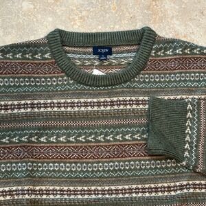 J Crew Fair Isle Sweater Mens XL Olive Lambswool Crew Neck Long Sleeve Pullover